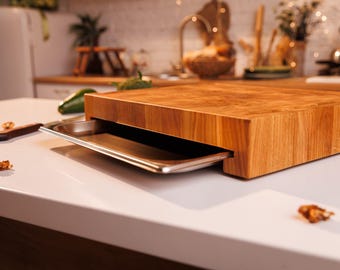 Oak End Grain Cutting Board with Steel Tray: Kitchen Prep Station