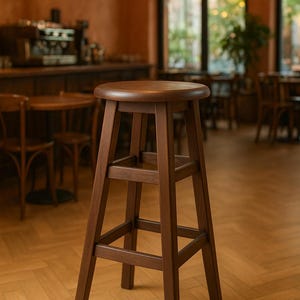 Pode incluir: Banqueta de bar de madeira castanha escura com assento redondo e base robusta de quatro pernas. A banqueta tem um apoio para os pés e está num fundo desfocado de um café ou restaurante.