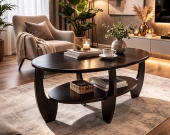 May include: Dark brown oval coffee table with a lower shelf. The table has a modern design with curved legs. A woven basket, books, and a coffee cup are on the table. The room has a neutral color palette with a beige rug and armchair.