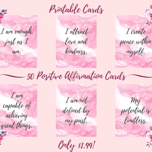 50 Tarjetas de Afirmaciones Imprimibles para Adultos – Baraja Digital de Autocuidado / Motivación Diaria / Descarga Instantánea / Citas de Mindfulness