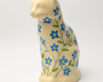 Hand-Painted Ceramic Cat Urn for Ashes – Blue Floral Pet Memorial Keepsake - Flower Cat Urn