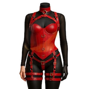 May include: A red leather corset with matching harness, garter straps, and choker. The corset features a structured bodice with decorative metal hardware. The set is displayed on a mannequin, showcasing the intricate design and details of the lingerie.