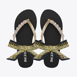 Black Flip Flop Sandals with Crystal Charms & Gold Straps – Elegant Summer Sandals for Women – Gift for Her – Custom Beach Shoes
