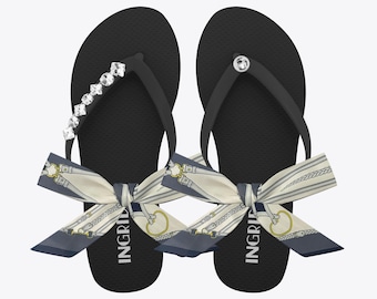Black Flip Flop Sandals with Silver Studs & Crystal Charms – Grey Strap Sandals for Women – Gift for Her – Custom Summer Shoes