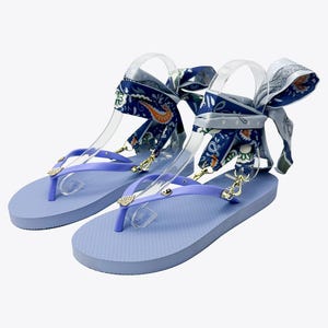 Blue Flip Flop Sandals with Heart Charms & Ankle Straps – Cute Summer Sandals for Women – Gift for Her – Custom Beach Shoes