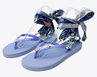 Blue Flip Flop Sandals with Heart Charms & Ankle Straps – Cute Summer Sandals for Women – Gift for Her – Custom Beach Shoes
