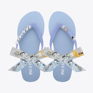 Blue Flip Flop Sandals with Crystal Charms & Grey Straps – Cute Summer Sandals – Gift for Her – Custom Women’s Beach Shoes