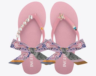 Pink Flip Flop Sandals with Crystal Charms & Double-Sided Straps – Custom Summer Sandals for Women – Gift for Her – Beach Shoes