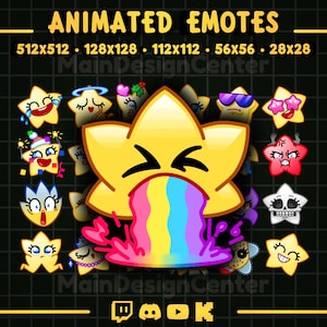 Könnte beinhalten: Animierte Emotes mit sternförmigen Charakteren mit verschiedenen Ausdrücken. Der Hauptstern erbricht einen Regenbogen. Das Bild enthält den Text "Animated Emotes" und listet verschiedene Größen auf.