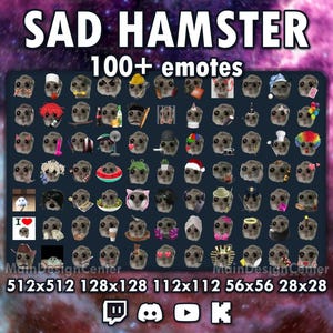 Op de afbeelding: Een raster met meer dan 100 geanimeerde hamster-emoticons in verschillende poses en uitdrukkingen. De emoticons zijn in verschillende formaten, variërend van 28x28 pixels tot 512x512 pixels. De emoticons worden weergegeven op een donkerblauwe achtergrond met de tekst "SAD HAMSTER 100+ emotes" bovenaan. De tekst "Main Design Center" verschijnt onderaan het raster. De emoticons zijn ontworpen voor gebruik op Twitch, Discord en andere online platforms.