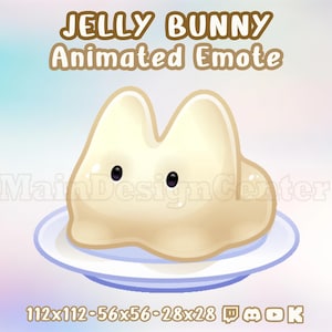 Könnte beinhalten: Animiertes Emoji eines hellgelben Gummibärchens auf einem weißen Teller. Das Häschen hat schwarze Augen und einen süßen Ausdruck. Der Text "JELLY BUNNY Animated Emote" befindet sich über dem Häschen. Der Text "112x112-56x56-28x28" befindet sich unter dem Häschen.