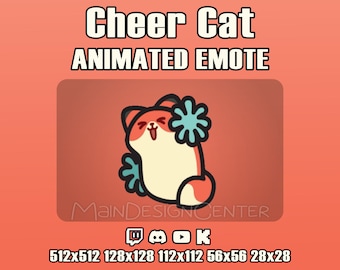 Cheer Cat Animated Emote · Funny Celebration Emoji · Twitch, Discord, Kick, YouTube · Follow Alert · Streaming Assets · Chat Hype Reaction
