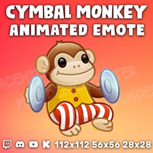 May include: Animated emoji of a monkey wearing a red and white striped outfit and a yellow shirt, playing cymbals. The monkey is smiling and has brown fur. The background is a gradient of orange and red. The text "CYMBAL MONKEY ANIMATED EMOTE" is at the top of the image. The text "112x112 56x56 28x28" is at the bottom of the image.