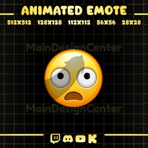 May include: Animated emote graphic with a yellow, surprised face. The image includes various sizes: 512x512, 128x128, 112x112, 56x56, and 28x28. The background is black with a grid pattern and gold text.