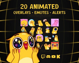 Yellow Bird Animated Emotes · 20 Parrot Emoji · Twitch, Discord, Kick, Youtube · Meme Follow Alerts · Silly Stream Overlays