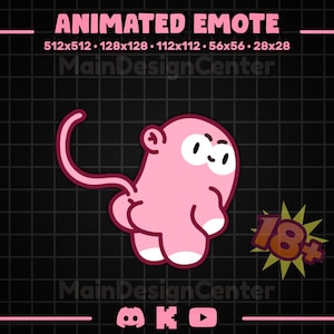 Può includere: Emote di scimmia rosa animata con dettagli bianchi e una lunga coda, su sfondo a griglia nera. Il testo "ANIMATED EMOTE" è in alto, con dimensioni. È presente anche una grafica "18+".
