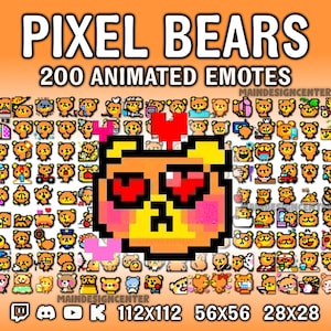 May include: A collection of 200 animated pixel art bear emotes titled PIXEL BEARS. The display features a large central bear with heart-shaped eyes and numerous smaller bear icons in various poses, with text labels 112x112, 56x56, and 28x28.