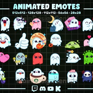 Könnte beinhalten: Eine Sammlung animierter Emoticons mit Cartoon-Geistern mit verschiedenen Ausdrücken und Accessoires. Die Emoticons sind in verschiedenen Größen erhältlich, darunter 512x512, 128x128, 112x112, 56x56 und 28x28 Pixel. Der Hintergrund ist ein dunkles Gitter.