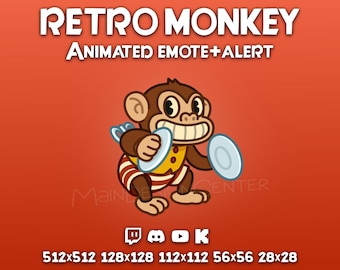 Retro Monkey Emote · Animated Emoji · Funny Chat Emoticon · Twitch, Discord, Kick, Youtube · Hype Reaction · Follow Alert · Animal Overlay