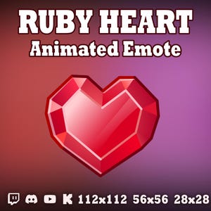 Pode incluir: Emoticon animado do Twitch que apresenta um coração de rubi vermelho com uma superfície brilhante e facetada. O coração tem a forma de um coração tradicional do Dia dos Namorados. O emoticon está disponível em quatro tamanhos: 112x112, 56x56, 28x28.