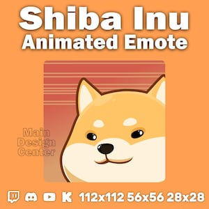 Puede incluir: Gráfico naranja con la cara de un perro Shiba Inu, etiquetado como "Shiba Inu Animated Emote". El diseño incluye el logotipo de Main Design Center e iconos de redes sociales. El emote está disponible en tamaños de 112x112, 56x56 y 28x28 píxeles.