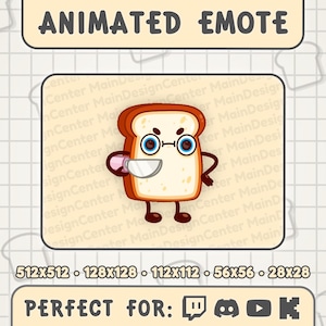 May include: Animated emote of a slice of toast with a face, wearing glasses and holding a knife. The text "ANIMATED EMOTE" is at the top. The text "PERFECT FOR:" is at the bottom, followed by social media icons.