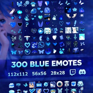Pode incluir: Imagem digital com 300 emotes azuis, incluindo corações, borboletas e outros símbolos. A imagem também inclui o texto "300 BLUE EMOTES" com dimensões.