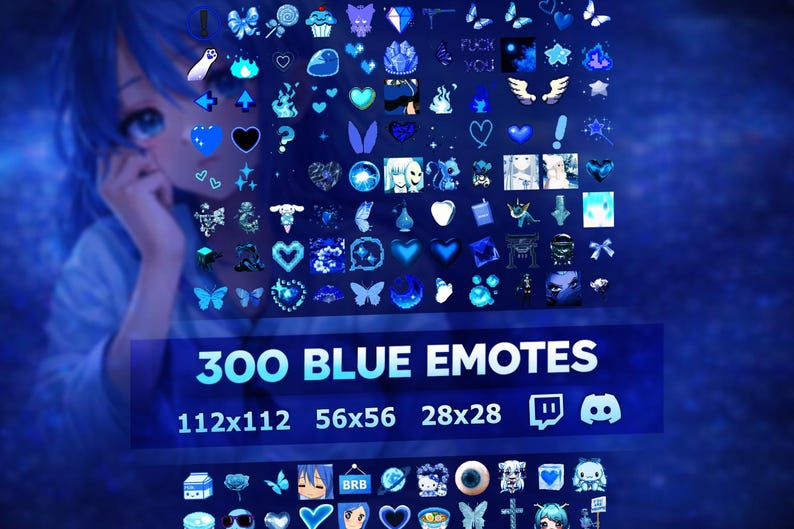 Puede incluir: Imagen digital que presenta 300 emoticonos azules, incluyendo corazones, mariposas y otros s&iacute;mbolos. La imagen tambi&eacute;n incluye el texto "300 BLUE EMOTES" con dimensiones.
