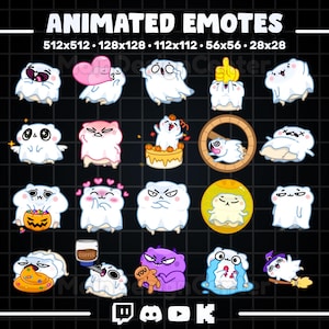 Peut inclure: Ensemble d'émoticônes animées représentant des personnages fantomatiques avec diverses expressions et accessoires. Les émoticônes sont disponibles en différentes tailles, dont 512x512, 128x128, 112x112, 56x56 et 28x28 pixels. Le fond est noir avec un motif quadrillé.