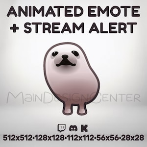Op de afbeelding: Een geanimeerde emote en stream alert graphic met een cartoon zeehond met een lichtroze lichaam en zwarte details. De tekst "ANIMATED EMOTE + STREAM ALERT" staat bovenaan. Inclusief social media iconen en maat specificaties.