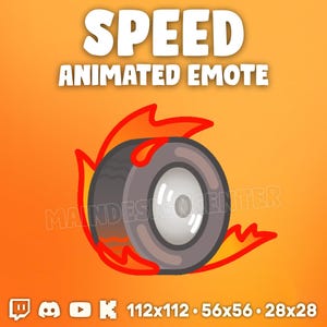 Op de afbeelding: Een geanimeerde emote met een cartoonband in brand, tegen een oranje gradiënt achtergrond. Het woord "SPEED" staat bovenaan, met "ANIMATED EMOTE" eronder. De afbeelding bevat social media-iconen en afmetingen.