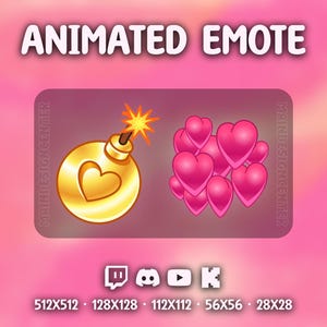 May include: Animated emote graphic featuring a golden bomb with a heart and a cluster of pink hearts. The image includes the text "ANIMATED EMOTE" and social media icons. Various size dimensions are listed at the bottom.