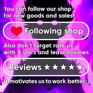 May include: A purple and black graphic with the text "You can follow our shop for new goods and sales!" and "Following shop". Below the text is a five-star rating with the text "Reviews" and "It motivates us to work better;")"
