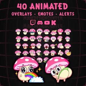 Peut inclure: Image présentant 40 graphiques animés sur le thème des champignons, comprenant des superpositions, des émoticônes et des alertes. Les champignons roses et blancs ont différentes expressions. Le texte indique "40 ANIMATED" et "OVERLAYS • EMOTES • ALERTS".