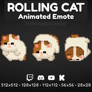 May include: Animated emote of a brown and white cat rolling over. The cat has brown ears, a brown nose, and pink cheeks. The emote is available in five different sizes: 512x512, 128x128, 112x112, 56x56, and 28x28.