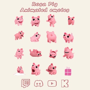 May include: A set of 14 animated pink pig emotes for use on Twitch, Discord, YouTube, and other platforms. The emotes feature a variety of expressions, including happy, sad, surprised, and angry.