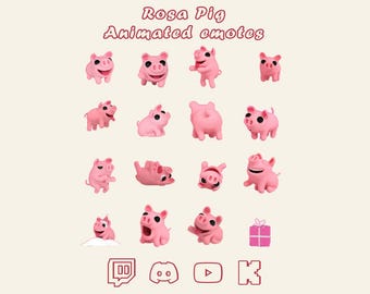 Rosa Pig 16 Animated Emotes · Twitch, Discord, Youtube, Kick · Streaming Chat Emoticons · Funny Meme Animal · Colorful Dynamic Emotes