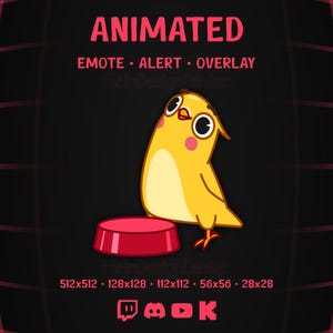 Botón Smash · Emote animado de pájaro · GIF de loro amarillo · Superposición de transmisión de spam · Alerta de seguimiento · Twitch, Discord, Kick, Youtube