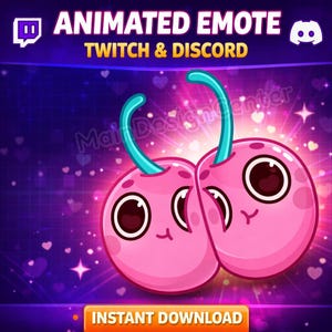 May include: Animated emote featuring two pink cherries with teal stems and smiling faces. The image includes the text "ANIMATED EMOTE TWITCH & DISCORD" and "INSTANT DOWNLOAD" on a purple and blue background with hearts and stars.
