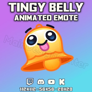Puede incluir: Emoticono animado de Twitch que presenta una campana amarilla con una cara sonriente, sacando la lengua y grandes ojos azules. El texto "TINGY BELLY ANIMATED EMOTE" está por encima de la campana. El texto "112X112 - 56X56 - 28X28" está debajo de la campana, junto con iconos para Twitch, Discord, YouTube y una plataforma de redes sociales genérica.