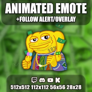 May include: Animated emote with a yellow frog-like character wearing a gold chain and a colorful shirt. The character has a tattoo and money in its hair. Text at the top reads "ANIMATED EMOTE + FOLLOW ALERT/OVERLAY". Social media icons and dimensions are at the bottom.