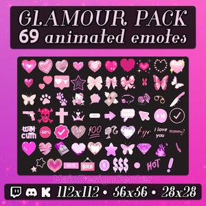 May include: A collection of 69 animated emotes in shades of pink and white, including hearts, stars, bows, butterflies, and other symbols. The text "GLAMOUR PACK" and "69 animated emotes" are displayed at the top.