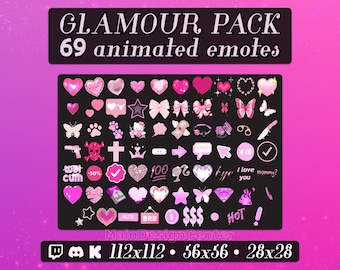 69 glamouröse animierte Emotes: Pinke Slay-Emojis für Twitch, Discord, Kick, lila Streaming-Assets, Bimbo-Chat-Reaktionen, süß, kawaii, mädchenhaft