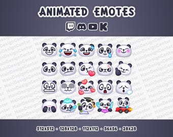 Panda Animated Emotes · 20 Cute Emoji · Stream Overlays · Follow Alerts · Twitch, Discord, Kick, Youtube