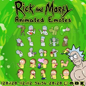 Animowane emotikony Ricka i Morty'ego · Twitch, Discord, Youtube, Kick · emoji czatu strumieniowego · postacie z kreskówek · kolorowe dynamiczne gify · memy
