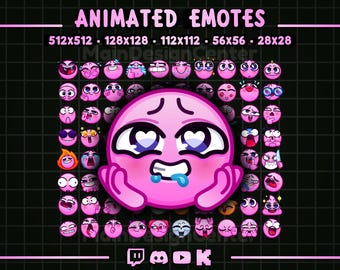 May include: Pink animated emotes with various expressions, including a large, crying face with heart-shaped eyes. The image includes text at the top that says "ANIMATED EMOTES" and lists sizes: 512x512, 128x128, 112x112, 56x56, and 28x28.