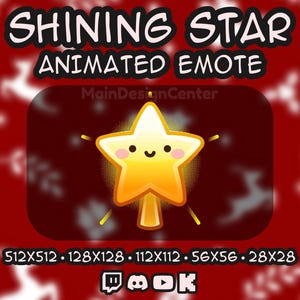 May include: Animated emote featuring a smiling, golden star with a radiant glow. The star has a cute face and is set against a dark red background with the text "SHINING STAR ANIMATED EMOTE". Various size options are listed below the image.
