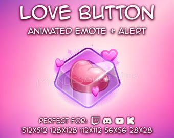 Botón de amor · Emoticono de corazón animado · Twitch, Discord, Youtube, Kick · Emoji kawaii · Alerta de seguimiento · Emoticono lindo para chat · GIF dinámico