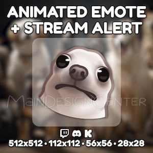 May include: Animated emote and stream alert graphic featuring a sad-faced cartoon dog. The dog has large, expressive eyes and a downturned mouth. The image includes the text "ANIMATED EMOTE + STREAM ALERT" and various size dimensions.