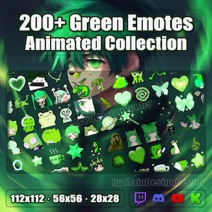 Grön Emotes-samling Animerade Emoji Twitch, Discord, Youtube, Kick Stream Chatt Emoticons Estetisk Pixel Kärlek Vibe